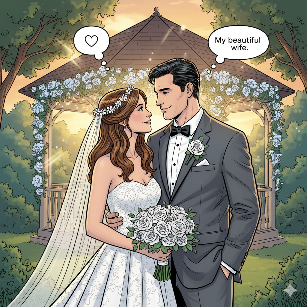 Illustrated bride and groom at the altar, the groom thinking 'My beautiful wife.'